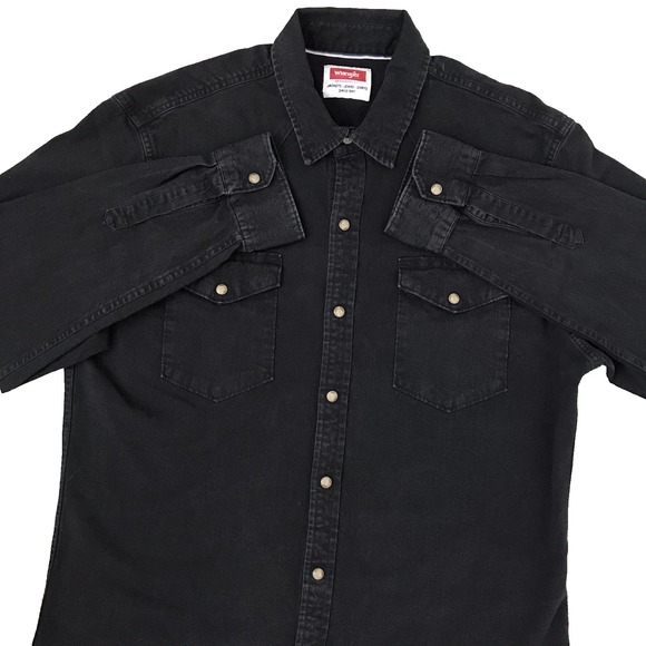 Wrangler Other - Wrangler Black Denim Shirt Pearl Snap Mens Large Dark Wash Western Yoke Rodeo